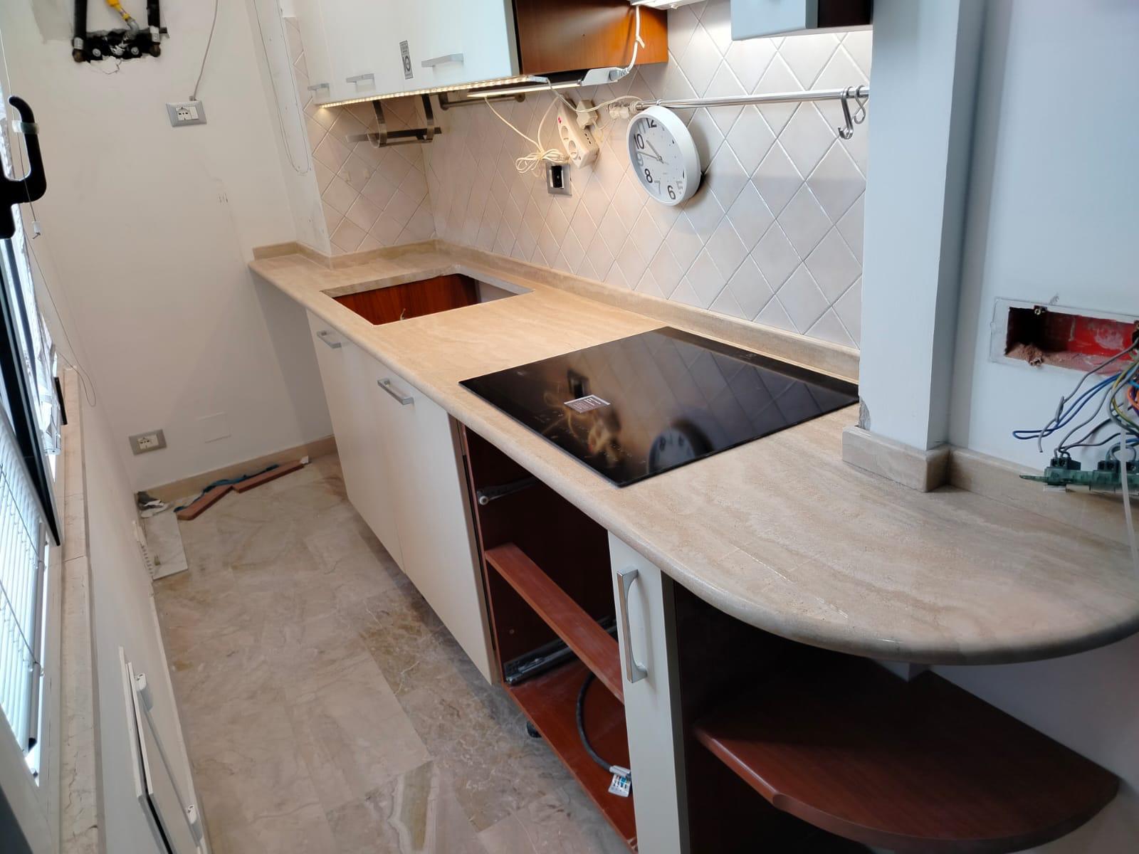 Roman Travertine kitchen top with moulded edge